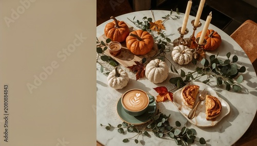 Fall Gathering With Pumpkins, Coffee, and Pastries on a Round Table