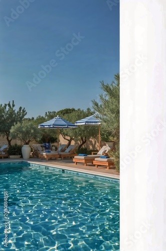 Bright Sunlight Shines on a Clear Pool Surrounded by Loungers and Umbrellas i...