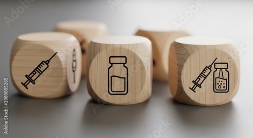 Wooden dice with medical symbols on a gray surface