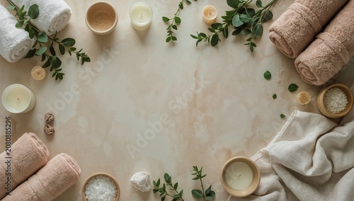 Relaxing Spa Setup With Towels Candles and Plants on a Light Surface