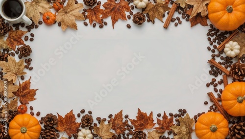 Autumn Leaves and Pumpkins Surround Coffee and Spices on a Table