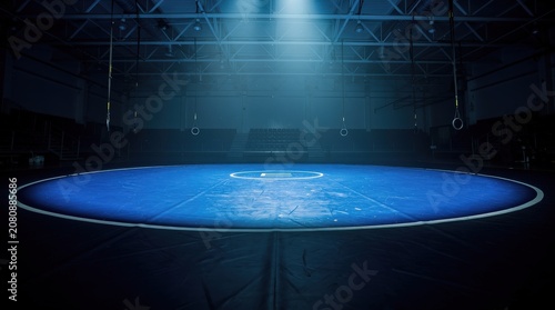 A spotlight illuminates an empty wrestling mat inside a spacious, dimly lit gymnasium with hanging rings visible.