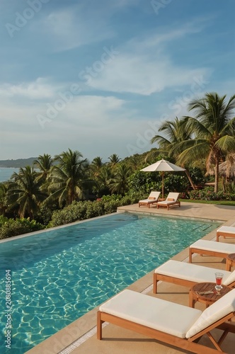 Sun Loungers by the Pool With Palm Trees and Sea View During the Day