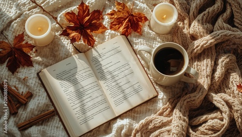 Cozy Reading Scene With a Book, Coffee, and Candles on a Blanket