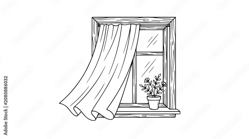 Obraz premium Classic wooden window frame outline sketch with a blowing side curtain and small potted flower on the sill vector