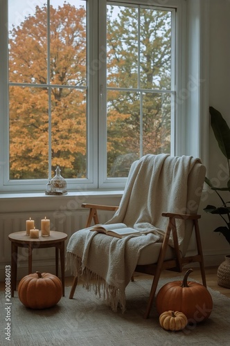 Cozy Seating Area With Pumpkins and Candles Beside Window in Fall Season