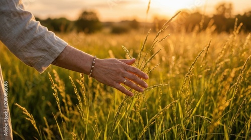 Person hand touching golden wheat stalks in a sunny field during a warm peaceful summer sunset in the countryside