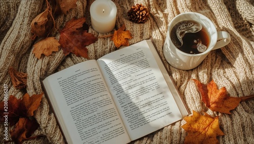 Cozy Setting With a Book, a Cup of Coffee, and Autumn Leaves on a Knitted Bla...