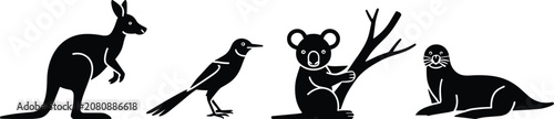 Photography Collection of black silhouette Australian and marine animal icons kangaroo magpi