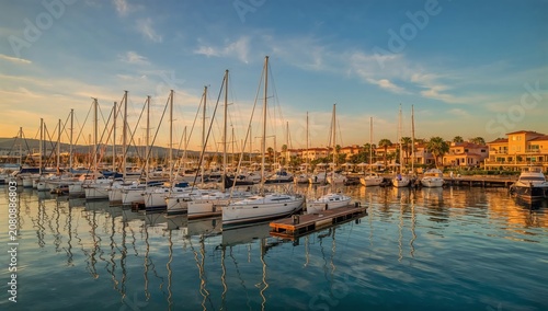Sailboats Docked in a Marina at Sunset Near a Coastal Town
