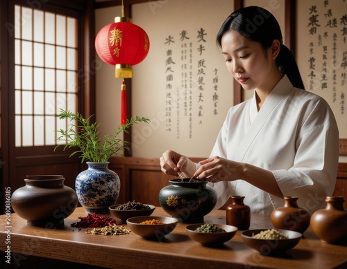 Traditional Chinese Medicine Practitioner Preparing Herbal Remedies in a Calm Apothecary Setting 