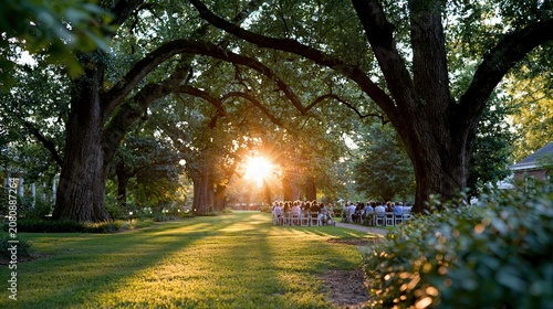 Golden Hour Ceremony Under Trees With Sunlight Shining on Guests