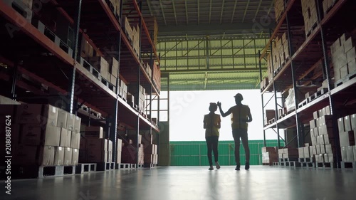Two warehouse workers wearing safety helmets and reflective vests discussing inventory and warehouse operations inside a modern distribution center. Logistics management, supply chain, storage, and te