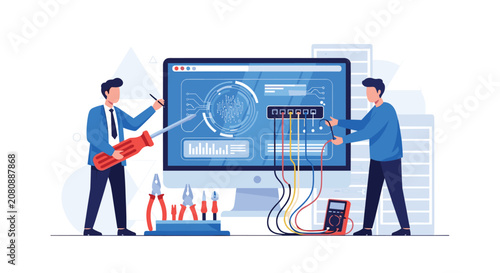 Two IT specialists use tools to repair and configure a large computer monitor displaying technical data and network connection diagrams.