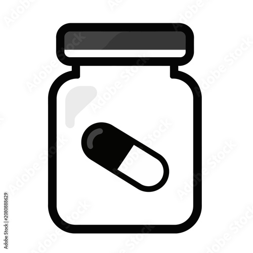 A black and white icon of a medicine bottle with a capsule.