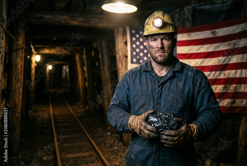 Coal miner holding a lump of coal inside an underground mine with an American flag in the background. Mining industry, hard work, energy production, patriotism, and labor concept.