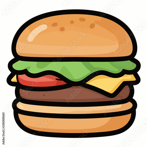 A cartoon cheeseburger with lettuce and tomato.