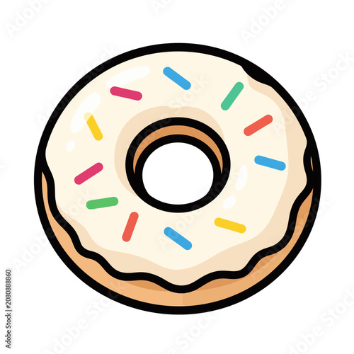 A cartoon glazed donut with colorful sprinkles.