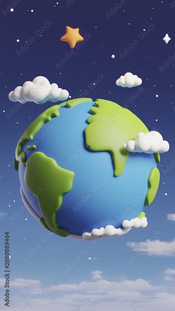 Fototapeta premium A vibrant 3D style representation of Earth, surrounded by fluffy white clouds in blue night sky with a shining star above, cartoon style. AI generated