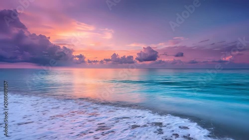 Ocean glowing under pastel sunrise light calm horizon blending into turquoise sea peaceful mood