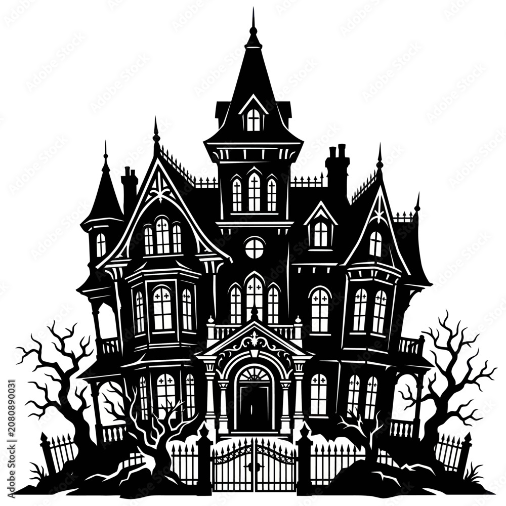 Fototapeta premium Victorian haunted mansion silhouette with iron gate.