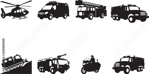 Quadro su tela Emergency Response Vehicles Black Silhouette Vector Icon Set for Rescue and Publ