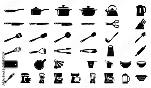 Tableau sur toile Cookware and Kitchen Tool Silhouette Vector Collection