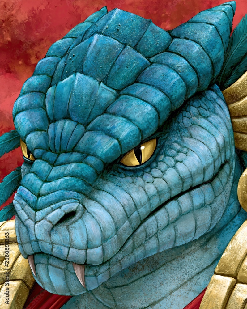 Fototapeta premium Lord Quetzalcoatl Poster Featuring a Blue Serpent Character With a Detailed Face