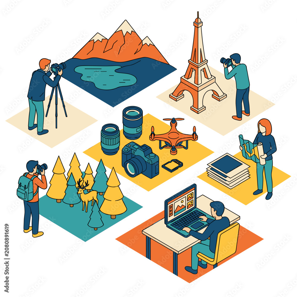 Fototapeta premium Creative Professional Photography and Digital Content Creation Workflow Isometric Collection Featuring Diverse Camera Equipment and Travel Scenes