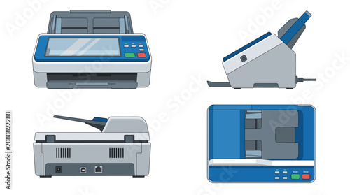 Document scanner office device with front side rear and top views vector illustration