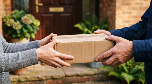 Hands of Courier Giving Cardboard Parcel Box to Customer at Home Doorway