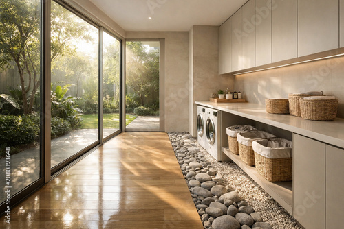 Modern Laundry Room with Garden View: A bright and airy laundry room featuring modern appliances, ample storage, and large glass windows that offer a serene view of a lush, sun-dappled garden.