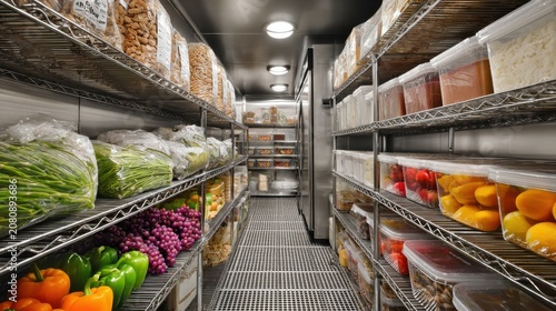 Organized walk-in cooler or pantry with fresh produce and various stored foods on shelves