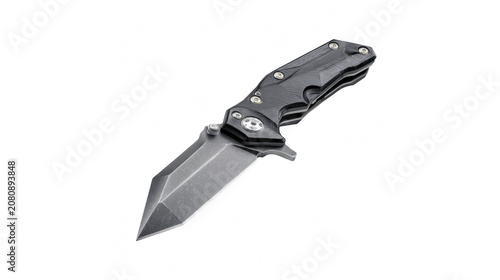 A sharp tactical folding knife featuring a textured black handle and a metallic grey blade shown on transparent background