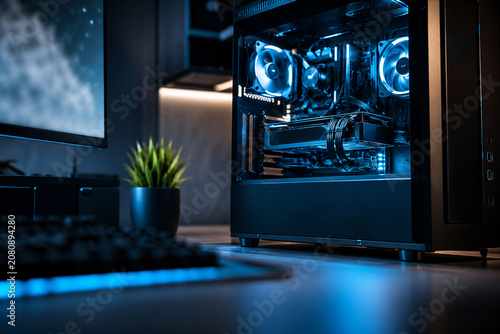 Gamer's Sanctuary: A high-performance gaming PC, illuminated by vibrant blue LED lights, sits beside a keyboard and monitor, creating an immersive setup for the digital adventurer.