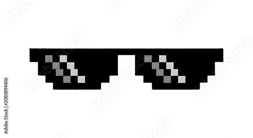 Thug Life Pixel Art Sunglasses: Retro 8-Bit Deal With It Meme Glasses Isolated on a Transparent Grid Background PNG.
