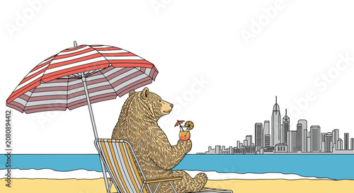 Humorous illustration depicts a large brown bear relaxing on a beach lounge chair with a tropical cocktail overlooking a city skyline.
