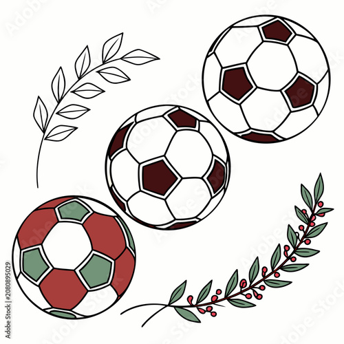 Hand drawn soccer balls with decorative botanical branch elements, football