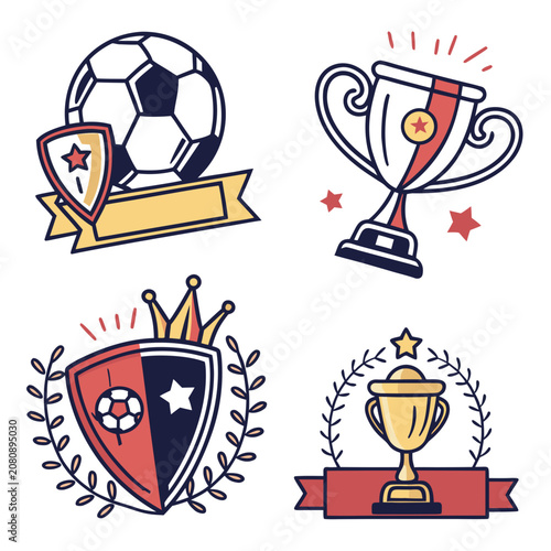 Soccer trophy and badge collection with ball and crown design, football