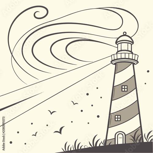 Coastal lighthouse beacon drawing with wind and birds lighthouse nautical