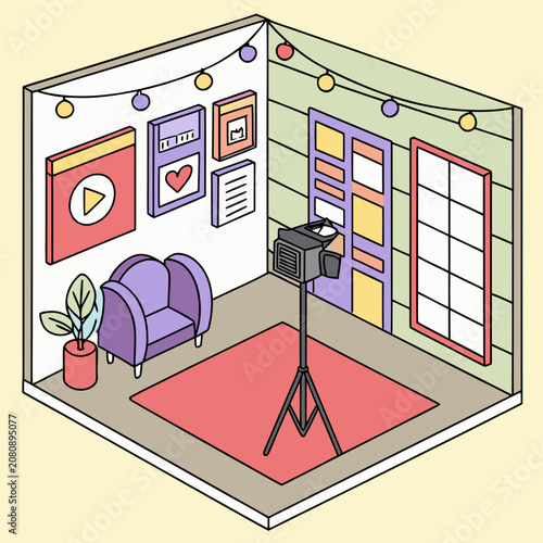 Isometric home studio setup for content creation and vlogging with interior