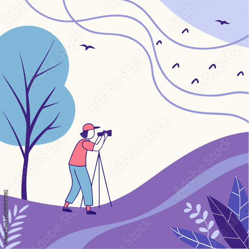 Nature photographer capturing landscape scene with camera on tripod, landscape