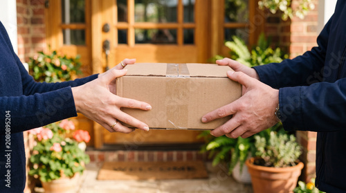 Hands Exchanging Cardboard Delivery Box at Front Door of Suburban House