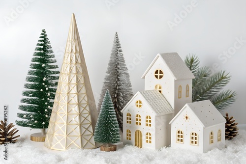 Miniature christmas village scene with decorative trees christmas miniature decoration celebration porcelain lighting interior evergreen seasonal collectible architectural cheerful