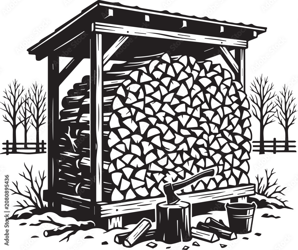 Fototapeta premium Full wood storage shed filled with chopped firewood and an axe on a stump with bucket scene for winter home heating supplies.