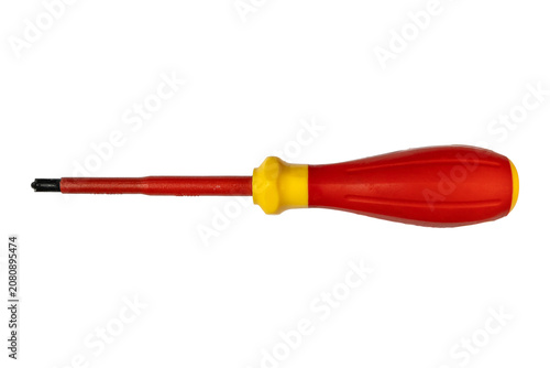 Obraz na płótnie Ergonomic insulated flathead screwdriver tool with red yellow handle