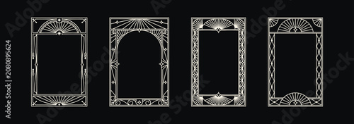 Set of mystical art deco frames with celestial sunburst and star elements on black background, vintage esoteric borders for tarot cards and invitations