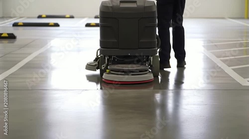 Static Shot Of A Professional Floor Scrubber Machine Moving Slowly Across A Polished Concrete Surface In A Commercial Setting
