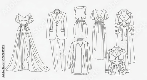 Various clothing items including dress, suit, coat and jacket outline. Fashion design sketch for tailor workshop or boutique store. Creative vector illustration of apparel collection.