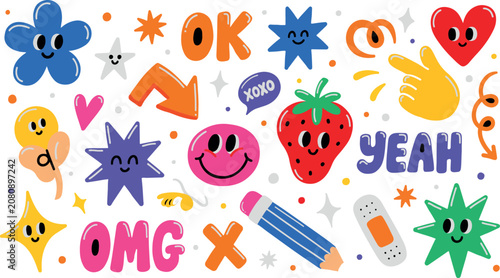 Photos Set of trendy quirky sticker elements, including words like OK, OMG, YEAH, XOXO, with various cute cartoon objects